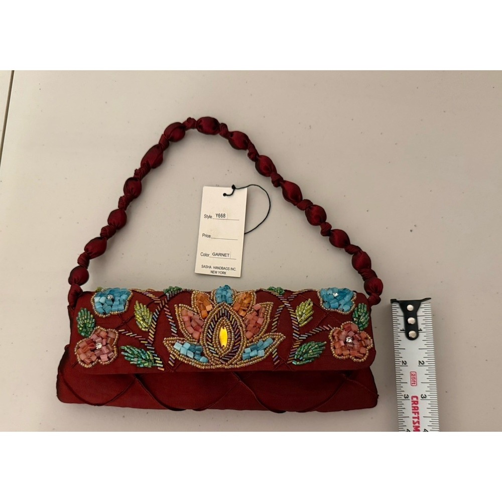 Beautiful Sasha New York Satin Clutch  Floral Embroidered W/woven Satin Handle - Picture 6 of 8